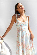 Floral Tie Strap Sweetheart Waist A-Line Summer Midi Dress