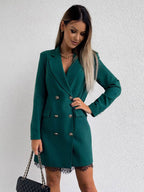 Blazer Dress Double Breasted Solid Color Lace Hem Relaxed Fit Casual Spring Fall Outerwear For Women