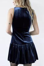 Velvet Bow Trim Drop Waist Gathered Pleated Mini Dress