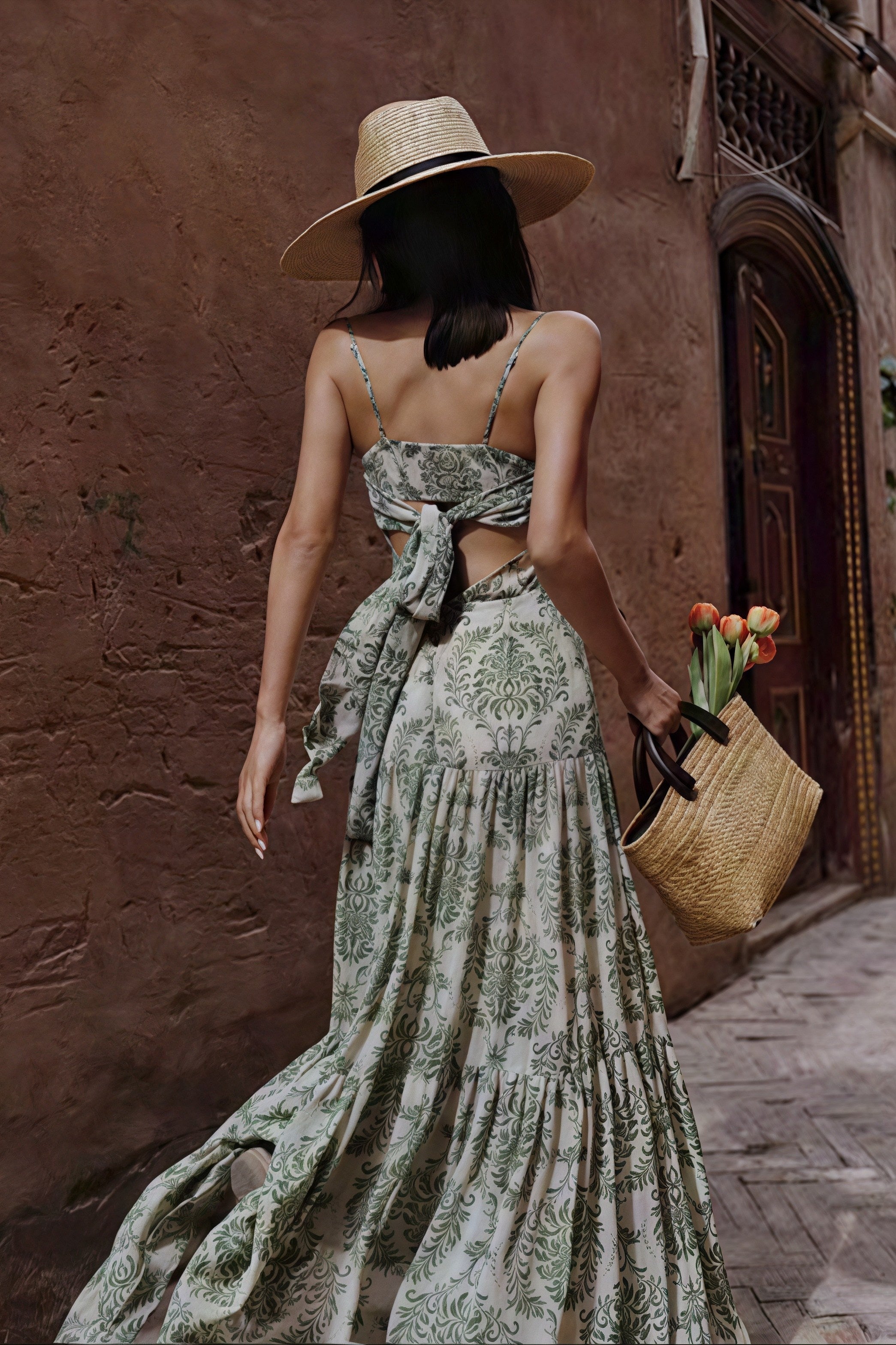 Green Spaghetti Strap Square Neck Ruched Damask Print Tiered Maxi Dress