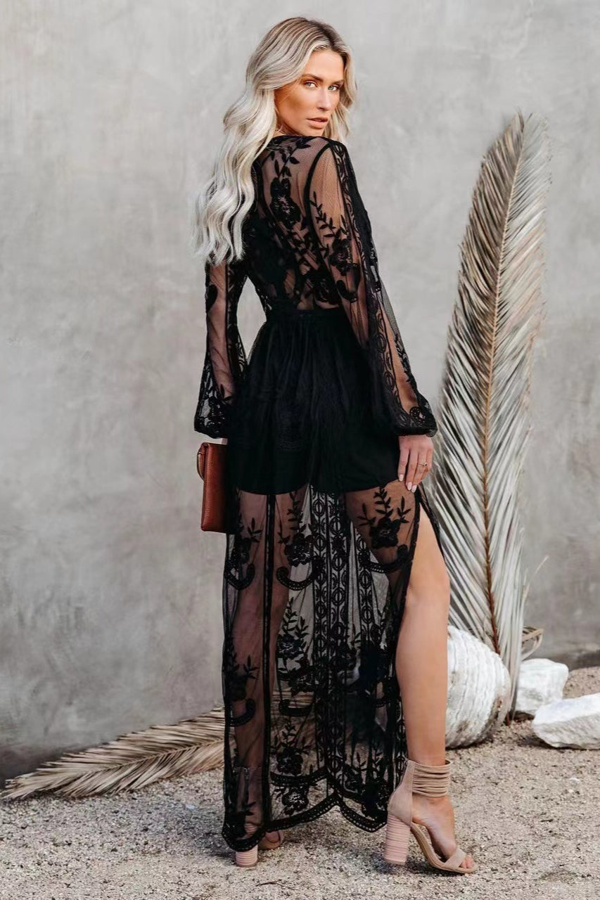Lace Embroidered Long Sleeve Deep V-Neck Mesh High Split Maxi Dress