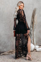 Lace Embroidered Long Sleeve Deep V-Neck Mesh High Split Maxi Dress