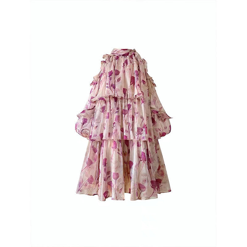 Floral Print Cold Shoulder Mock Neck Tie Bow Lantern Sleeve Mini Dress