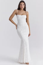 Jacquard Square Neck Spaghetti Strap Mermaid Maxi Gown