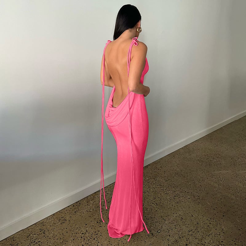 Rib Knit Tie Strap Cowl Back Side Cutout Column Maxi Dress