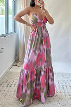 V Neck Open Back High Waist Tie Dye Maxi Vacation Dress