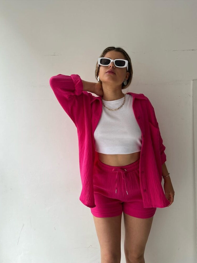Long-sleeved Shirt And High-waisted Drawstring Shorts Casual Two-piece Set