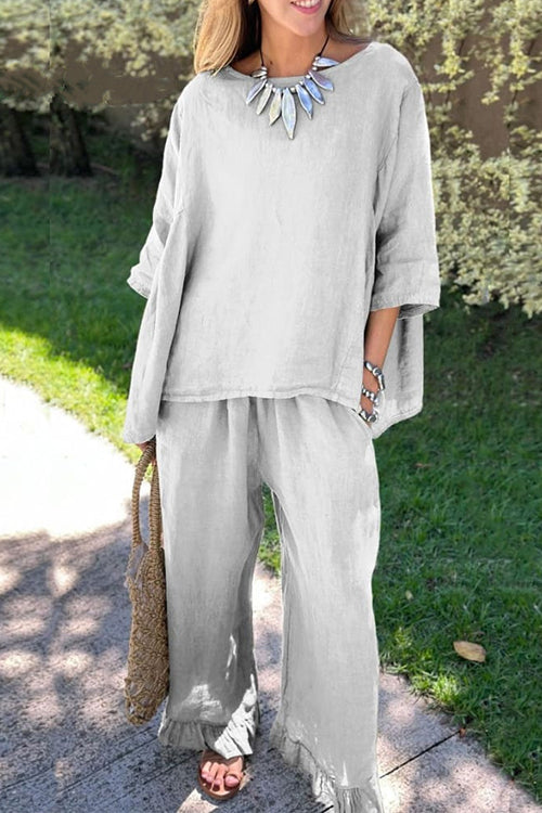 Cotton Linen 3/4 Sleeves Pullover Top Wide Leg Ruffle Hem Pants Set