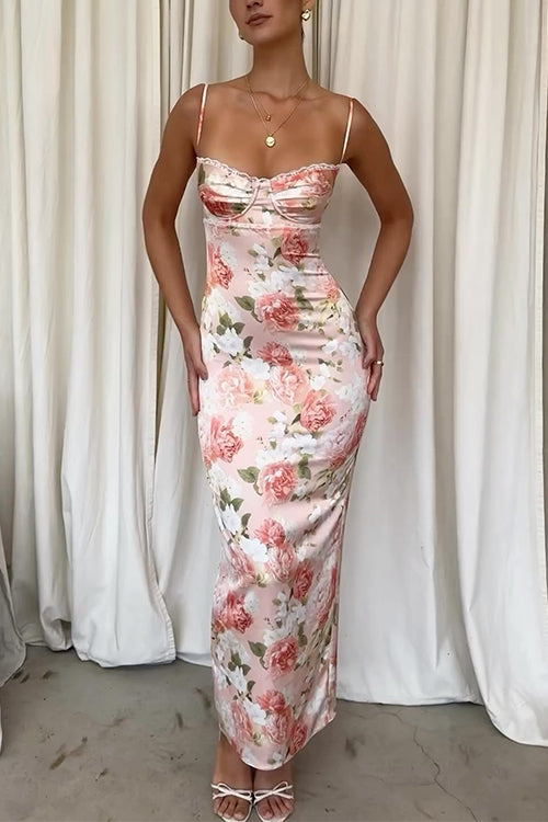 Floral Print Back Slit Bustier Maxi Sling Dress