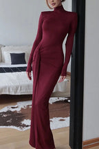 Turtleneck Ruched High Slit Maxi Party Dress