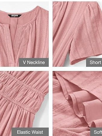 V-neck, Gathered, Puff Sleeve, Full Skirt, Short-sleeved Long Dress