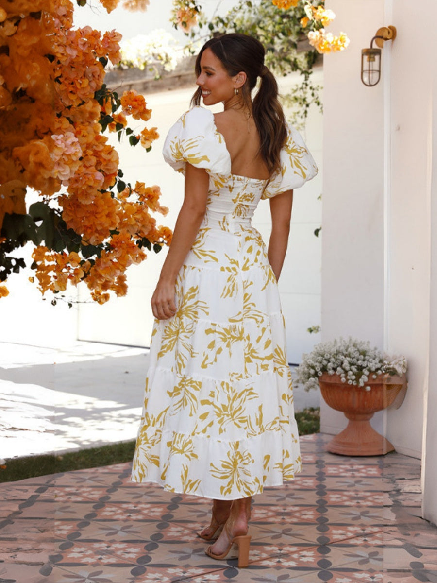 Printed Puff Sleeve Sweetheart Collar Vacation Maxi Dresses