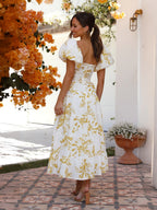 Printed Puff Sleeve Sweetheart Collar Vacation Maxi Dresses