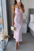 V Neck Spaghetti Strap Frenchy Solid Satin Midi Dress