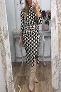 Mockneck Ruched Slit Geo Print Midi Dress