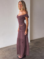 Two-piece Set: Raglan Strapless Top With Polka Dot Side Bow And Long Skirt