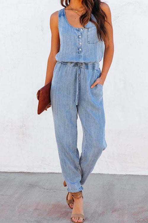 Drawstring Waist Distressed Denim Tank Jumpsuit
