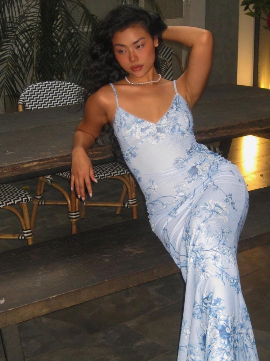 V-neck Camisoles Printed Sexy Backless Maxi Dresses