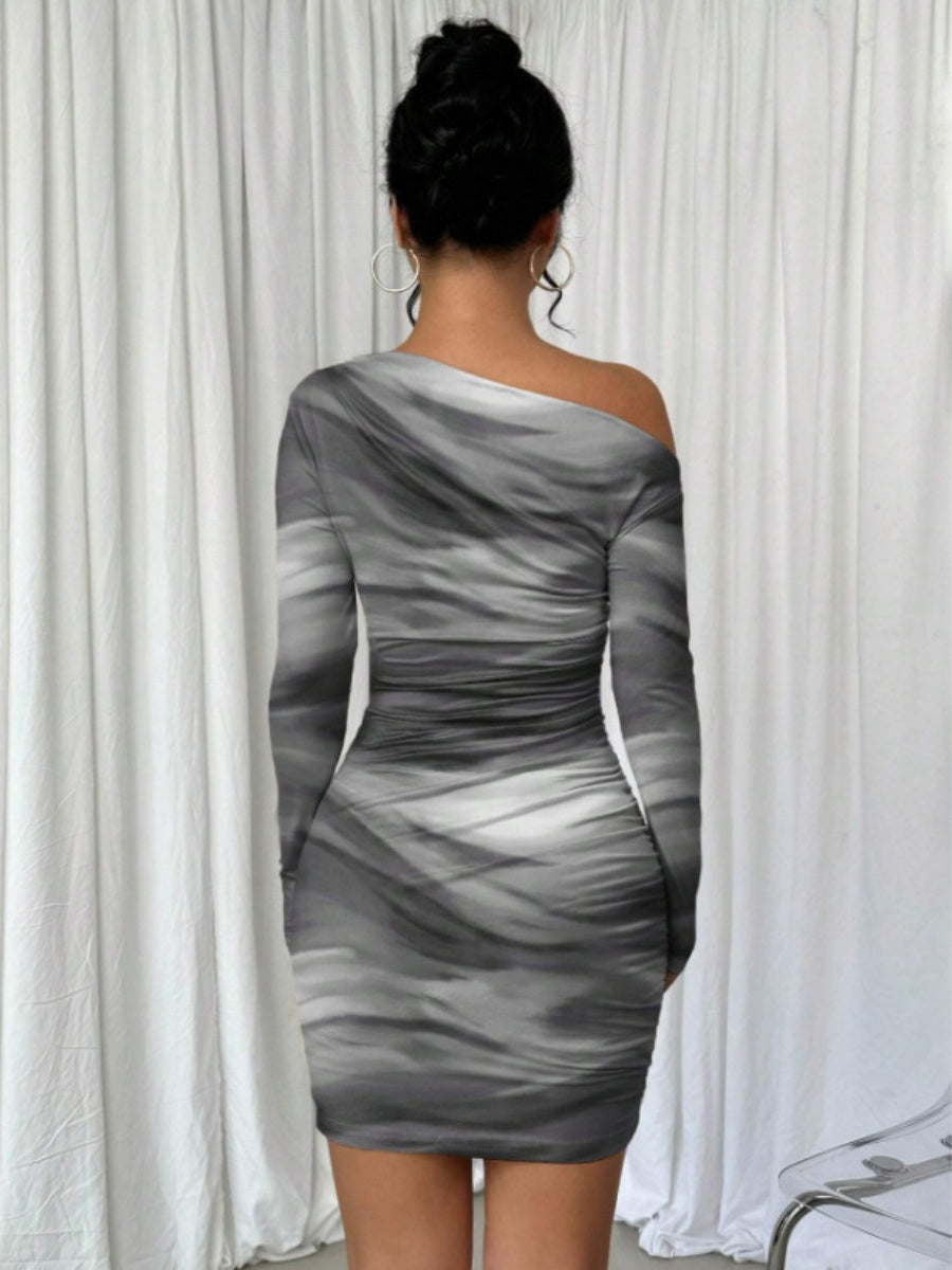 Pleated Slim-fit Hip-hugging Slant Collar Printed Mini&Short Dresses