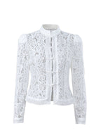 Lace Crochet Stand Collar Slim-fit Long Sleeve Sheer Top