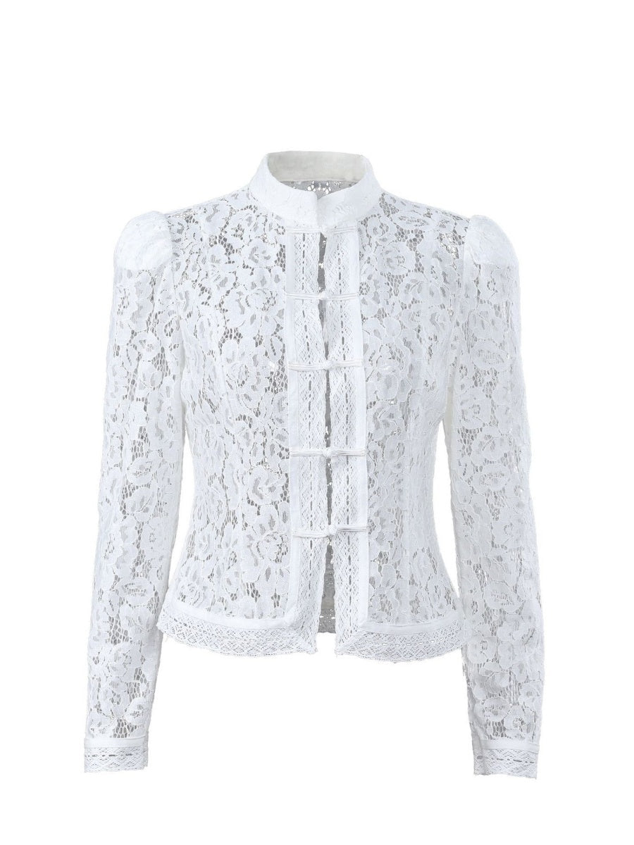Lace Crochet Stand Collar Slim-fit Long Sleeve Sheer Top