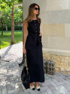 Flax High-waisted Sleeveless Vest Skirts Set 2-piece Sets
