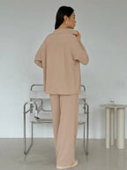 Solid Color Cardigan With Pockets, Casual Wide-leg Trousers 2-piece Sets