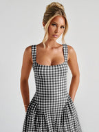 Plaid Print, Fitted Waist, Sexy Backless Halter Maxi Dress