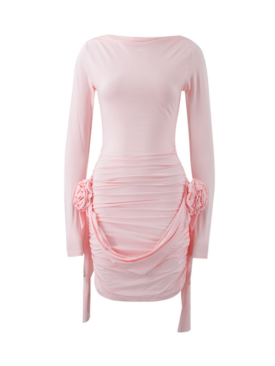 One-shoulder Collar Pleated Ribbon 3D Flowers Sexy Mini&Short Dresses