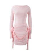 One-shoulder Collar Pleated Ribbon 3D Flowers Sexy Mini&Short Dresses