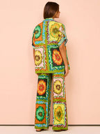 Printed Vacation Long-sleeved Shirt Pants Wide Leg Set 2-piece Sets