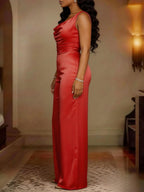 Sleeveless Halter Neckline Fitted Waist Satin Wide-leg Jumpsuit