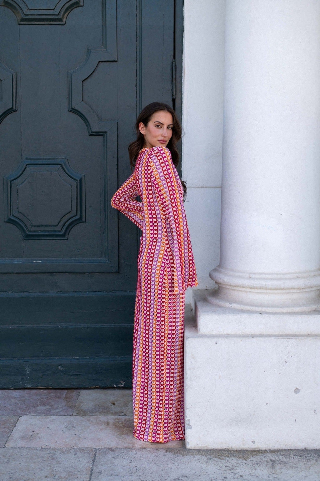 Pilar Chic Boho V Neck Bell Sleeve Maxi Dress, Wavy Striped Crochet Beach Holiday Dress Evening Wear Edit