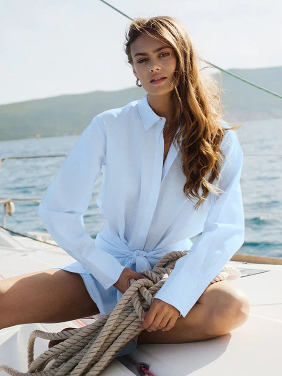 Pure Cotton Lapel Hip-hugging Shirts Mini&Short Dresses