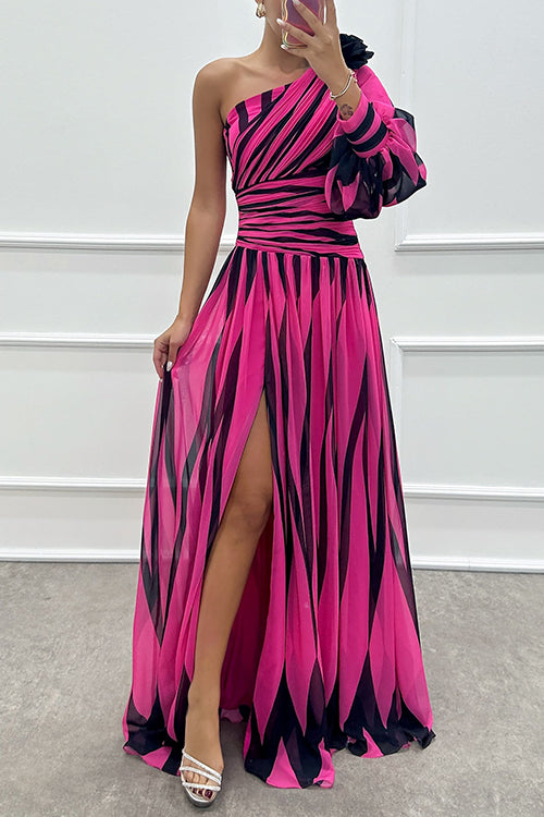 One Shoulder Waisted Slit Printed Maxi Dress