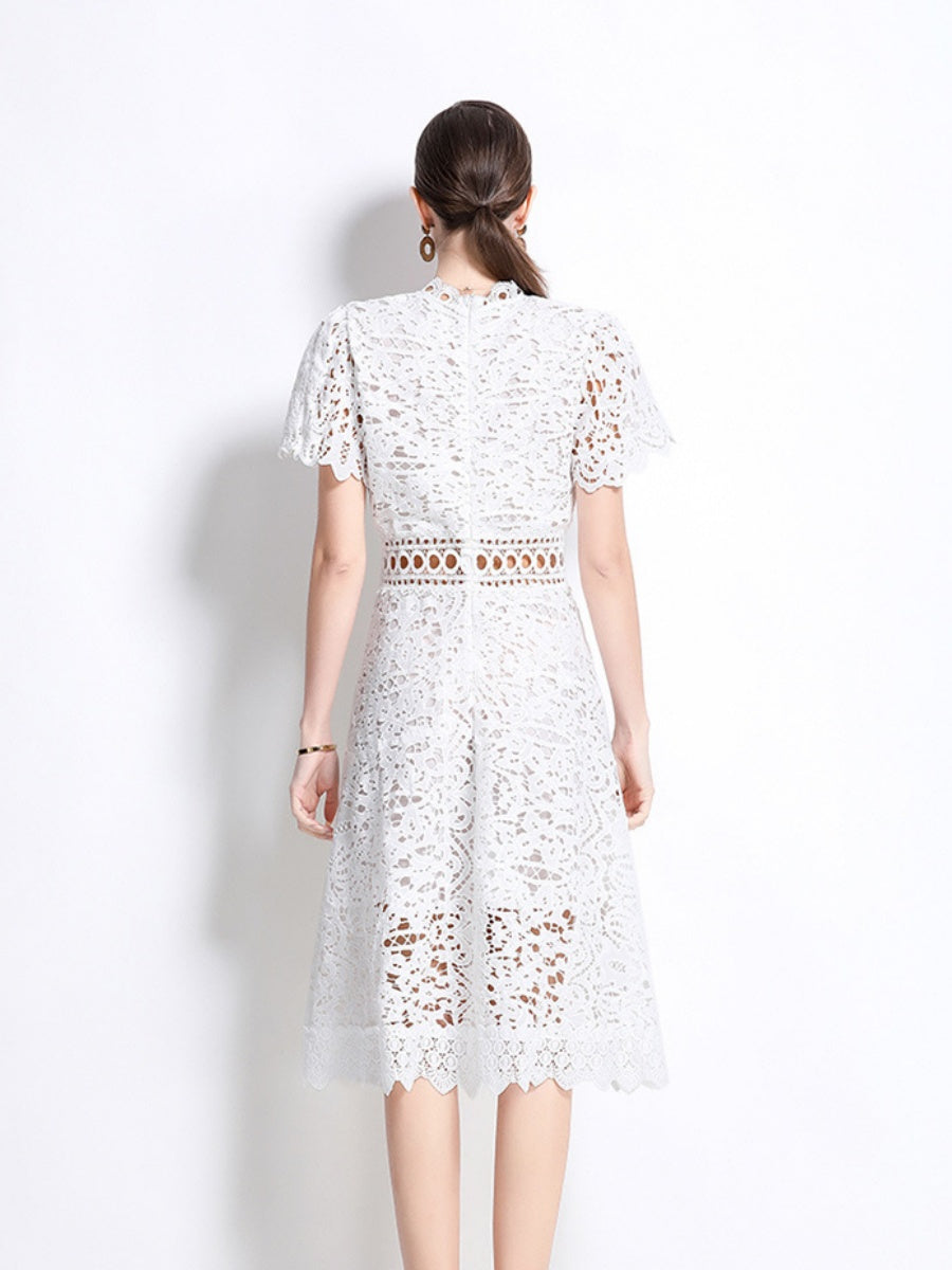 Lace Waist-cinching Hollow-out Midi Dress
