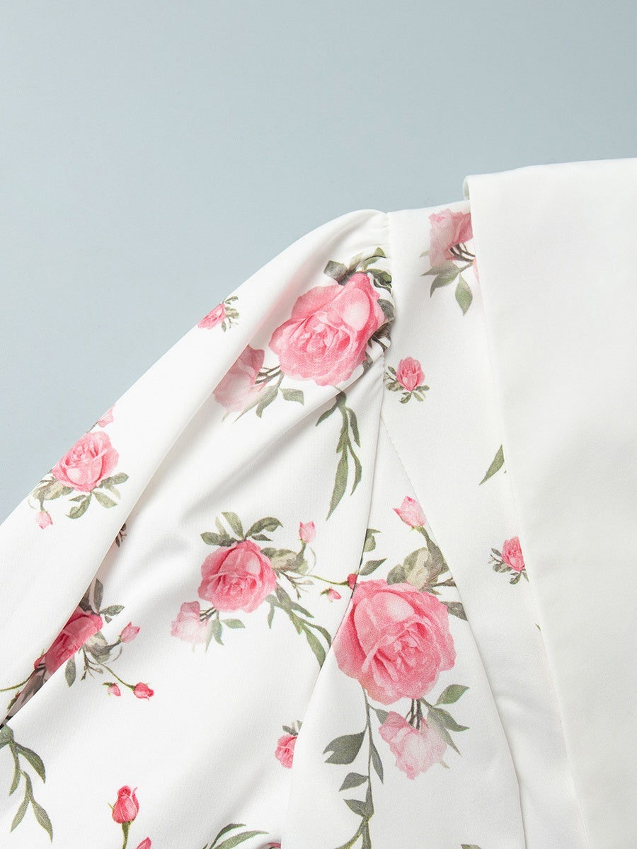 Waist Printed Floral Lapel Puff Sleeve Sweet Mini&Short Dresses