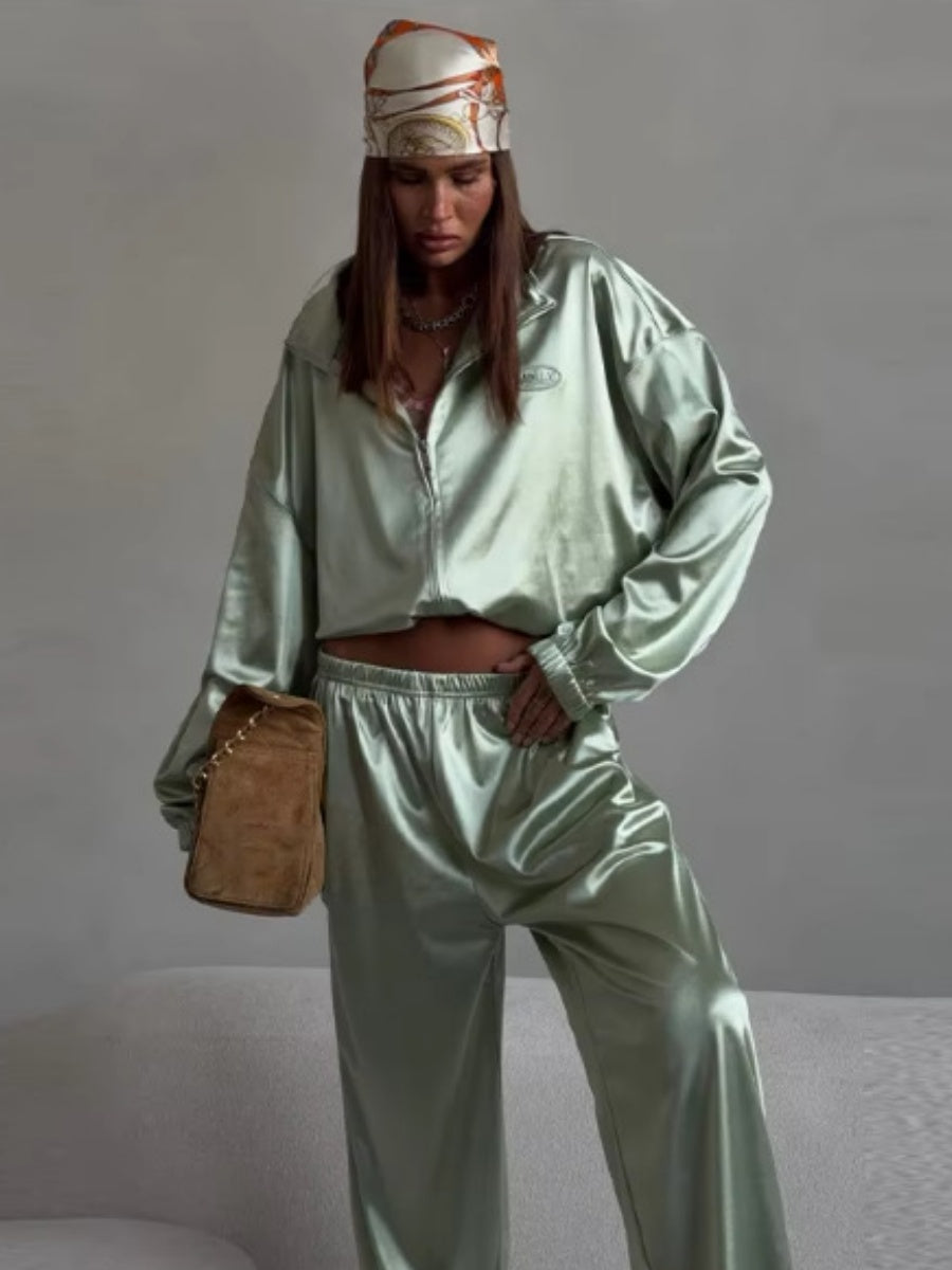 Zippered Loose Sweatshirt Jacket And Wide-Leg Pants Two-Piece Set