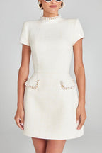 Mockneck Pearl Trim Waisted Tweed Mini Dress