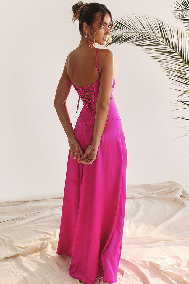 Satin Corset Spaghetti Strap Square Neck Maxi Gown