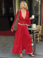 Two-piece Set: Lace Chiffon Cardigan Top, Loose-fitting Sheer Belted Skirt
