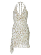 Leopard Print Sexy Deep V Bodycon Halter Neck Short Dress With Ruffled Trim