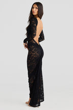 Open Back Long Sleeve Floral Lace Illusion Overlay Bodycon Maxi Dress