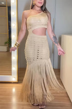 Refresh Style Knit Hollow Out One Shoulder Cutout Waist Tassel Hem Maxi Dress