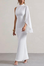 Mock Neck One Shoulder Ruffle Sleeve Mermaid Hem Maxi Gown
