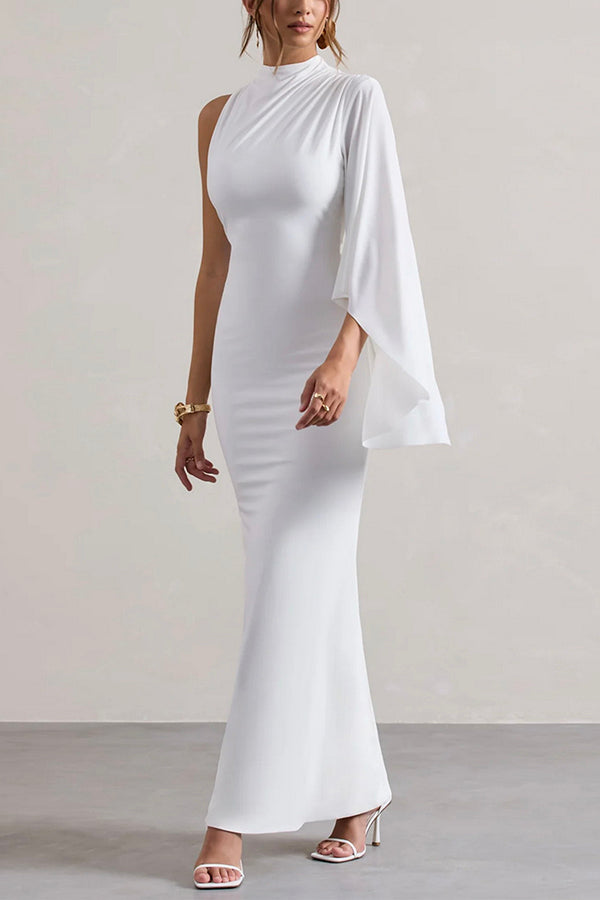 Mock Neck One Shoulder Ruffle Sleeve Mermaid Hem Maxi Gown