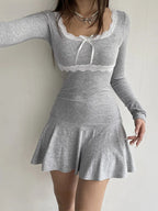 Square Neck Lace Trim Empire Waist Ribbon Bow Long Sleeve Fit and Flare Mini Dress