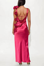Satin Floral Embellishment Backless Elegant Slim-fit Maxi Dress