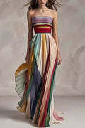 Strapless Multi Stripe Pleated Accordion Maxi Dress