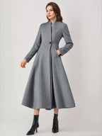 Wool Blend Flared Coat For Woman One Button Gray A-line Winter Midi Outerwear 2026